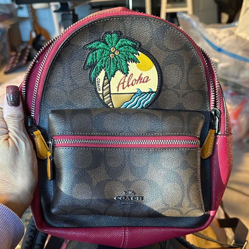 Coach Aloha Palm Tree Mini Backpack in Brown and Red. NWOT